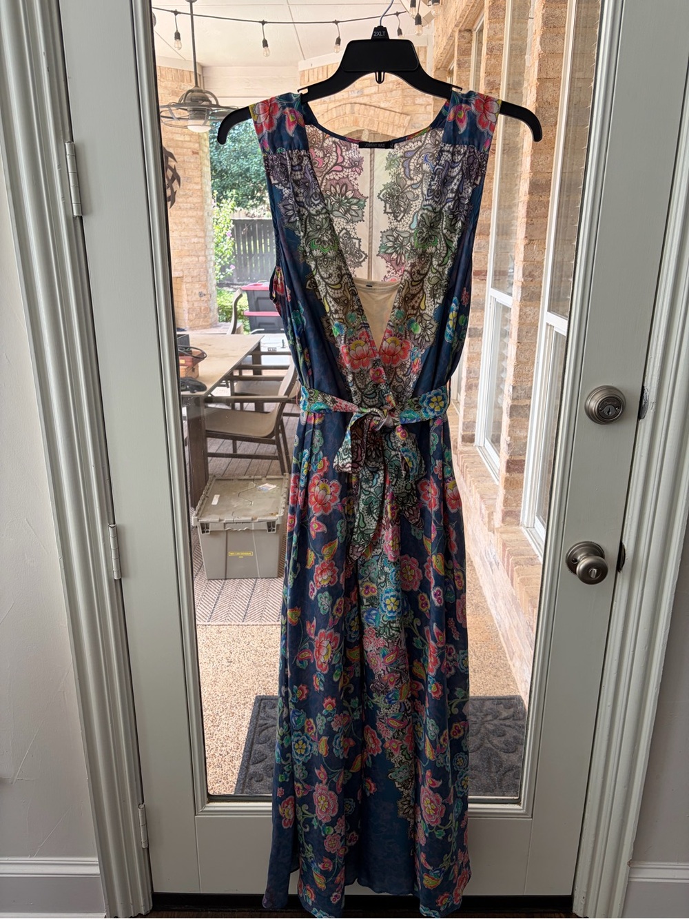 Johnny Was XL 100% Silk Floral Maxi Dress Blue Boho Belted w/ Slip